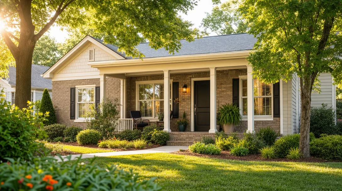 A welcoming downsized home in a NW Metro Atlanta neighborhood with a covered porch and low-maintenance landscaping