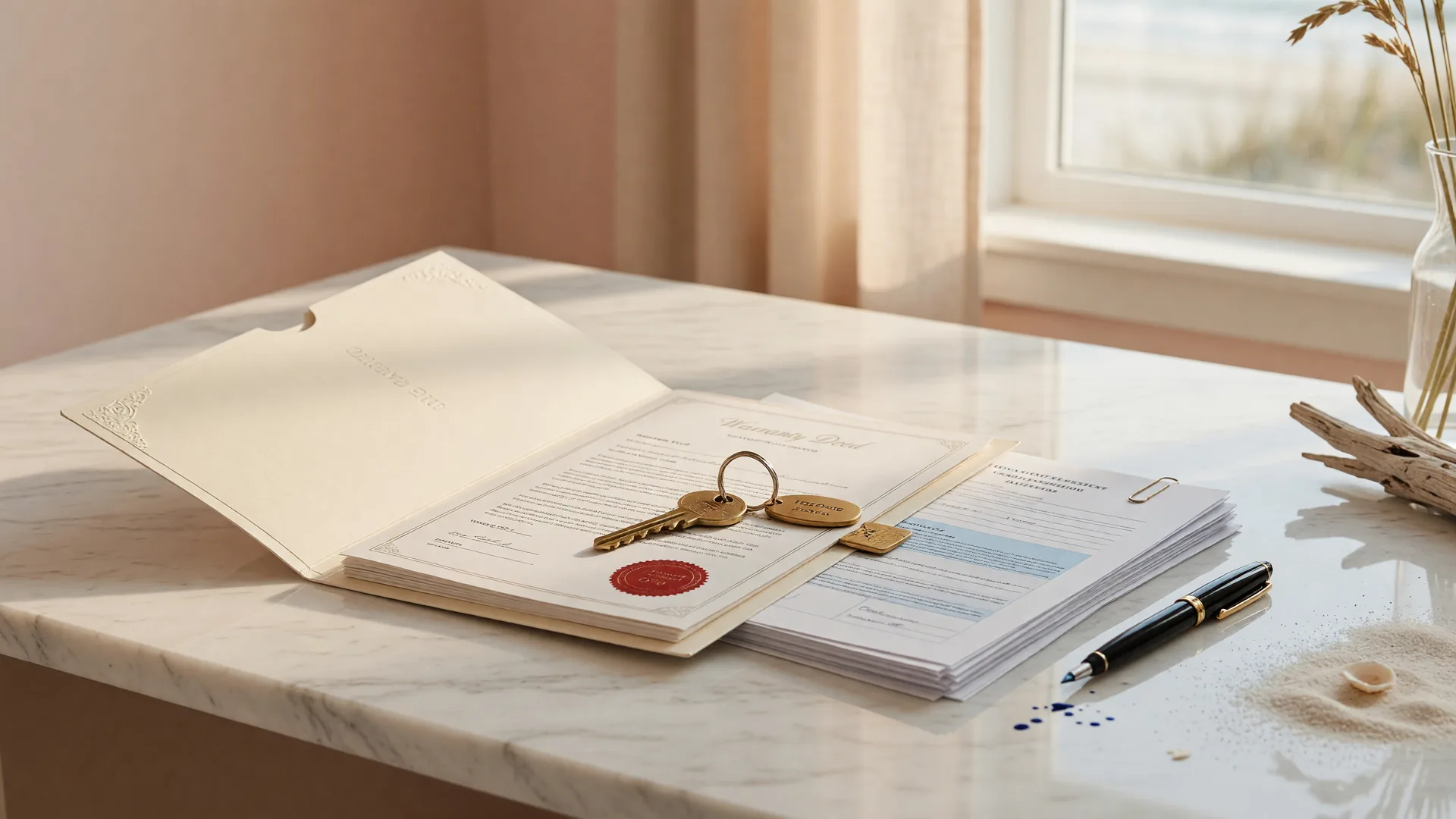 A cream folder holding a property deed, a brass house key, and a fountain pen arranged on a white marble settlement table in soft window light at a Florida title company