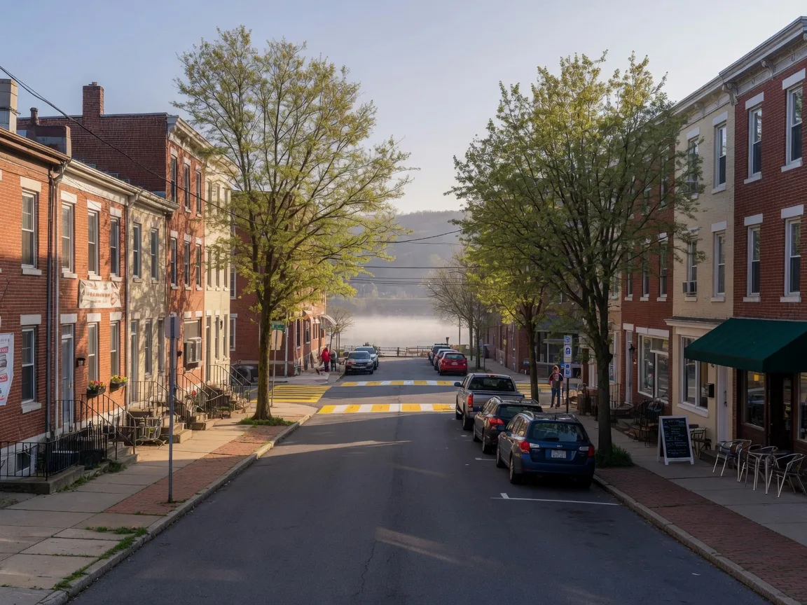 Fayette Street in Conshohocken, Pennsylvania with brick row homes and restaurants in bright morning light