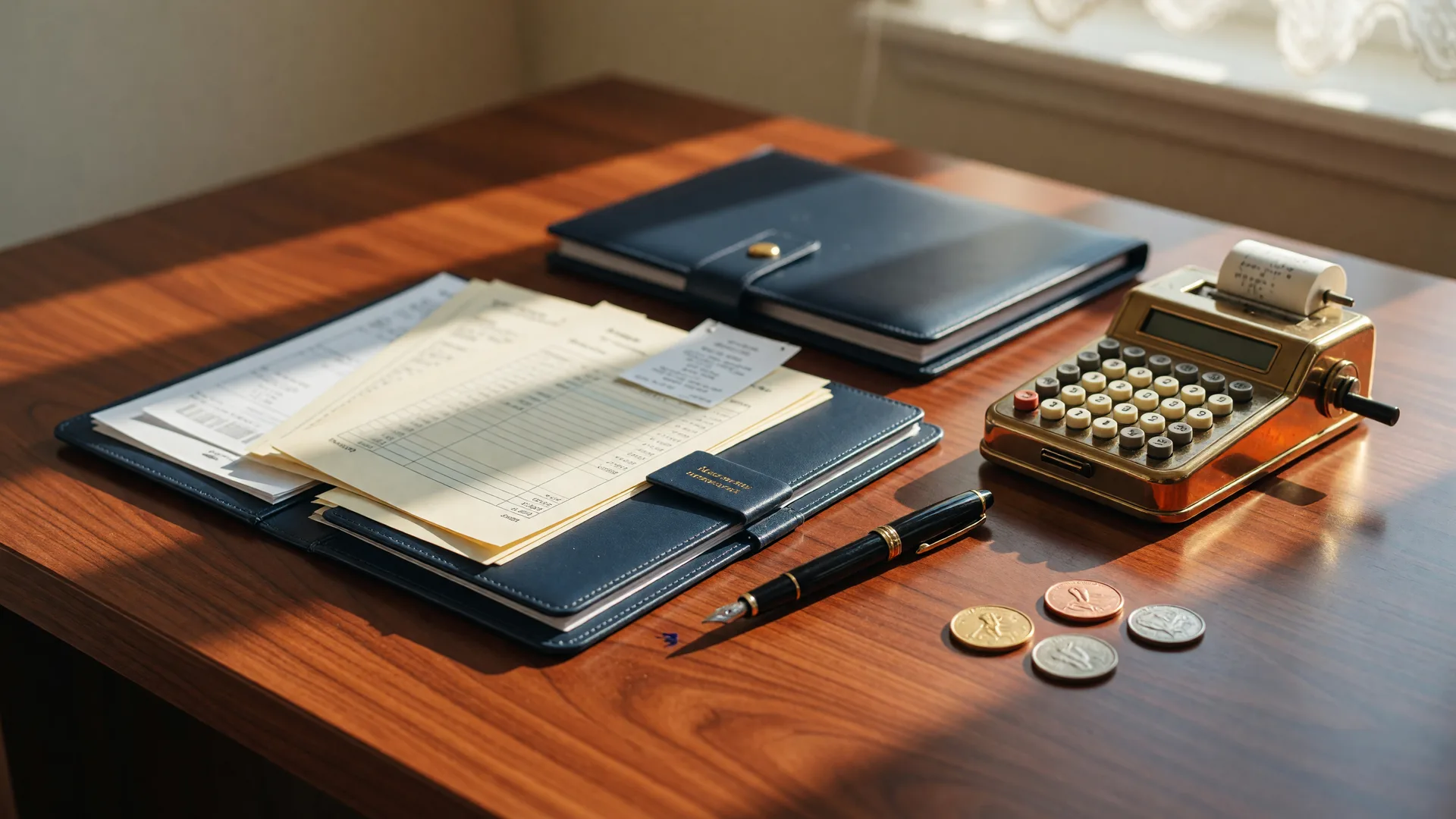 Wooden desk with brass calculator and financial documents