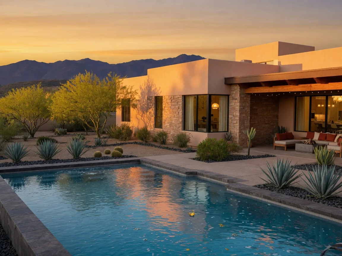 Modern Southwestern Gilbert home with a sparkling pool and covered patio at golden hour, San Tan Mountains on the horizon