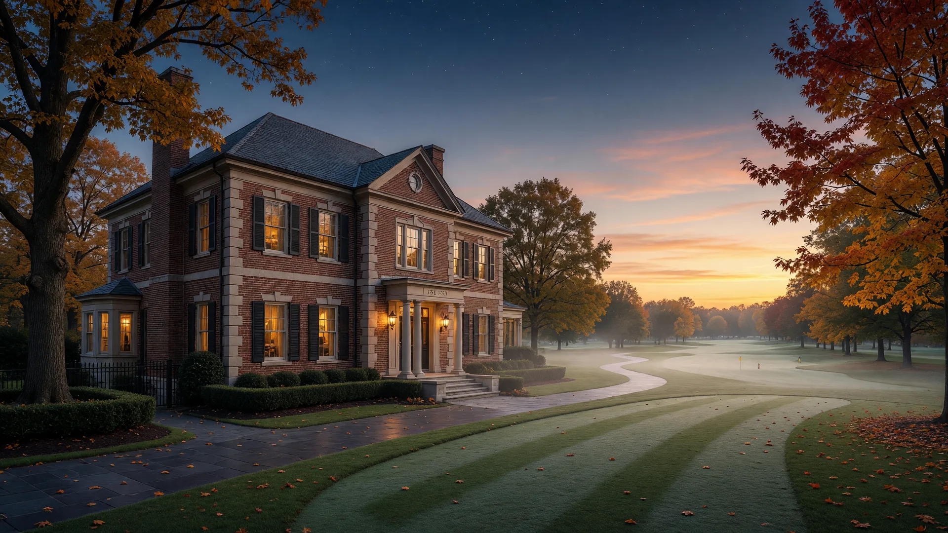 Elegant brick and stone Georgia luxury home on a golf course fairway at dawn with mist lifting off the grass and a navy-to-gold autumn sky, representing the 2027 housing market forecasts