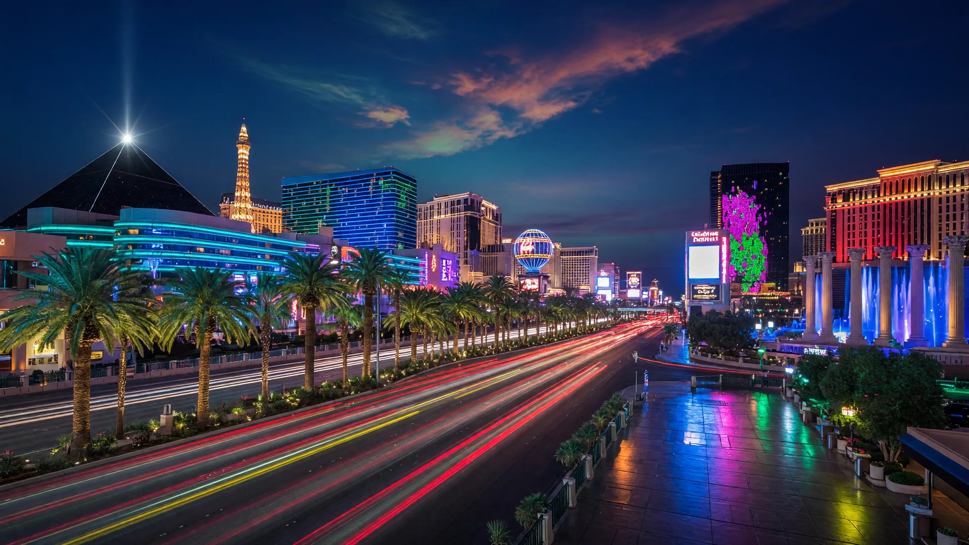 Las Vegas Strip at night with glowing resort towers