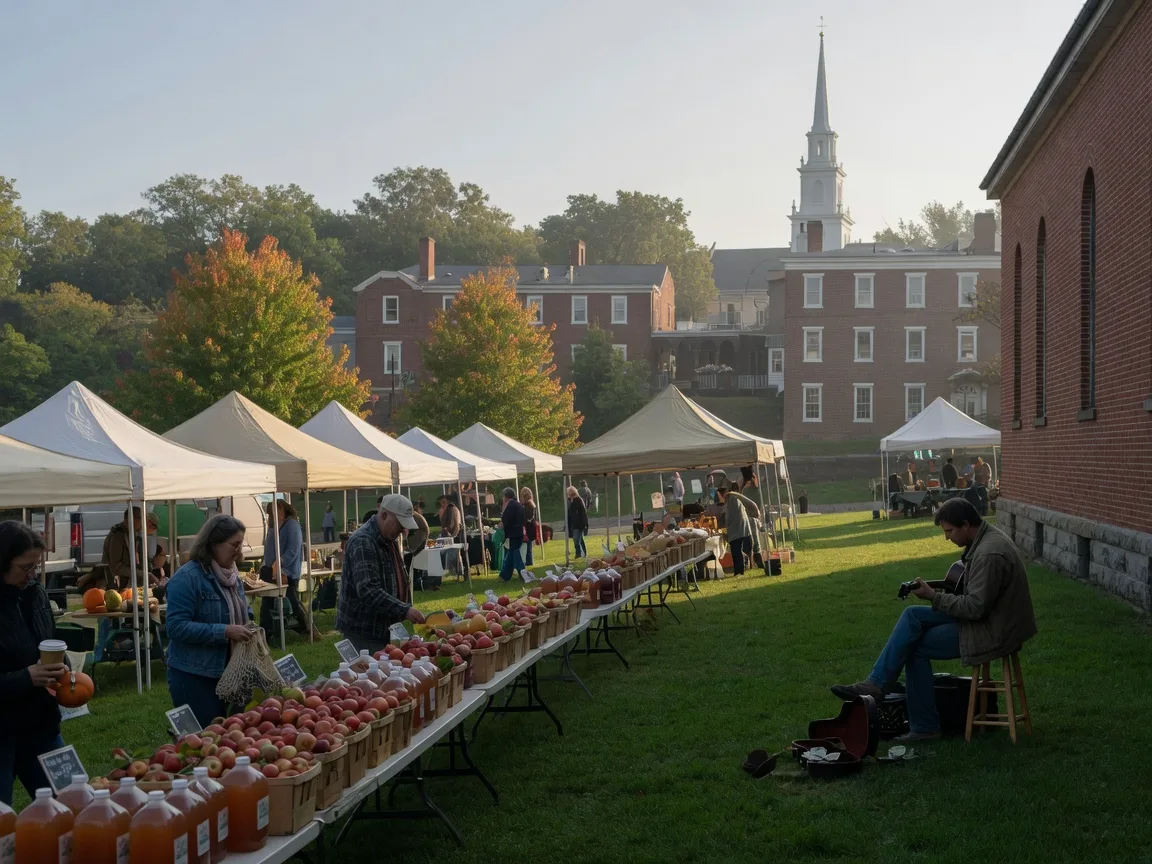 A Sunday farmers market with canvas vendor tents on the lawn of a historic brick community center in a small New Jersey river town