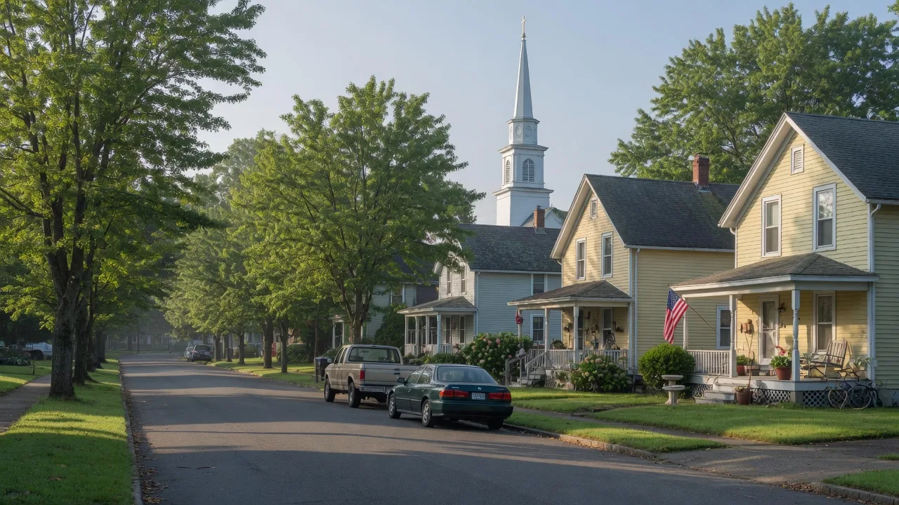 A quiet Wrightstown Borough street in Burlington County NJ, with modest older homes, shade trees, and a church steeple