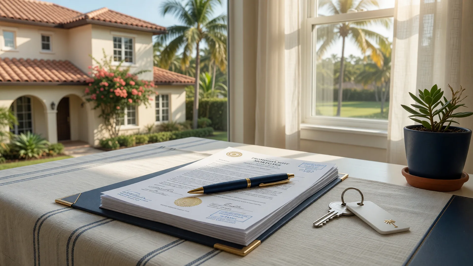 Mortgage documents, a pen, and a house key on a bright desk in Palm Beach County