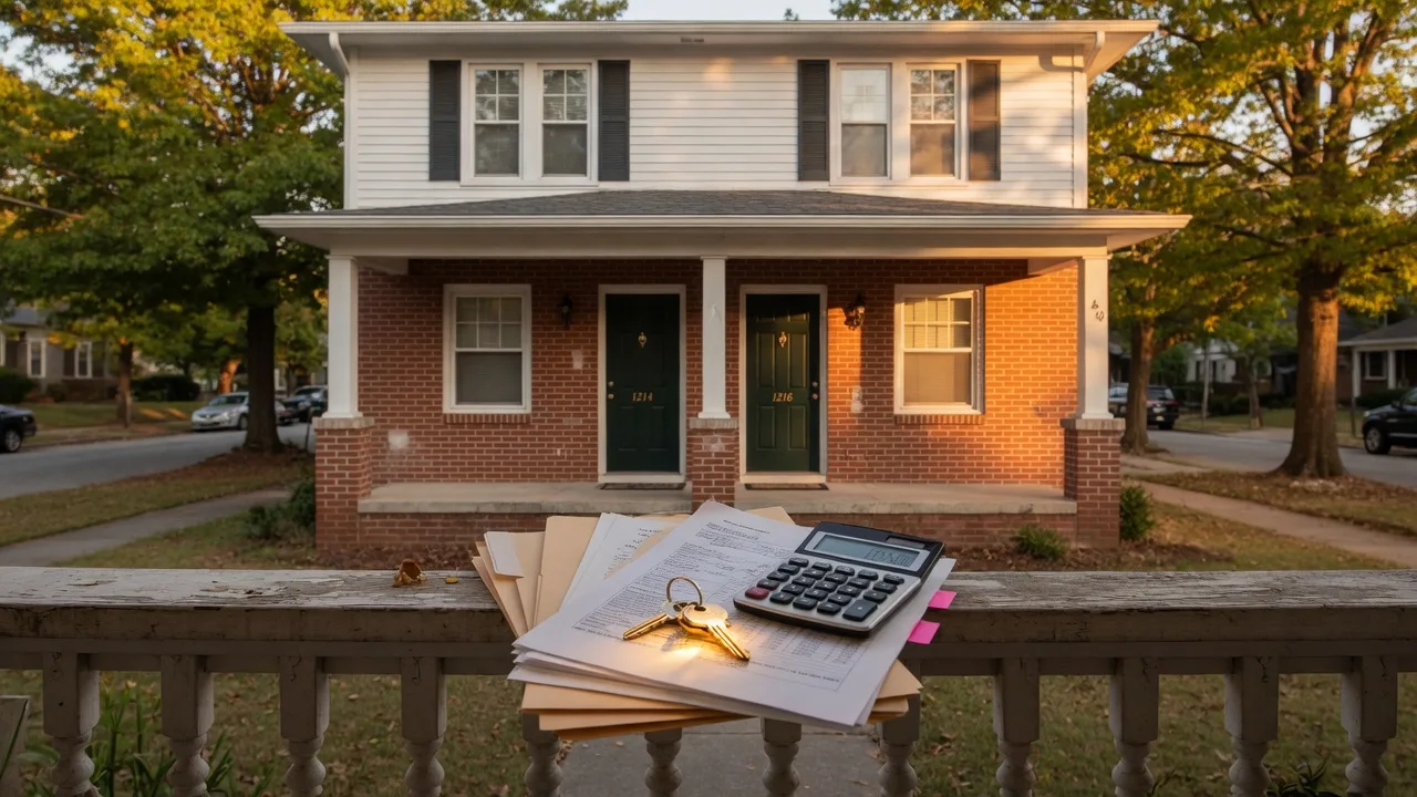 A classic Atlanta brick and siding rental duplex with two front doors on a tree-lined intown street at golden hour, with loan documents, a calculator, and house keys on the porch railing in the foreground