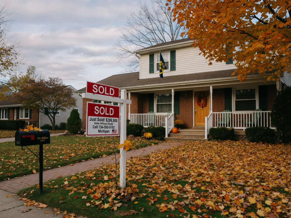 A Sold sign in front of a well-kept suburban home with fall leaves scattered across the lawn on an overcast autumn day