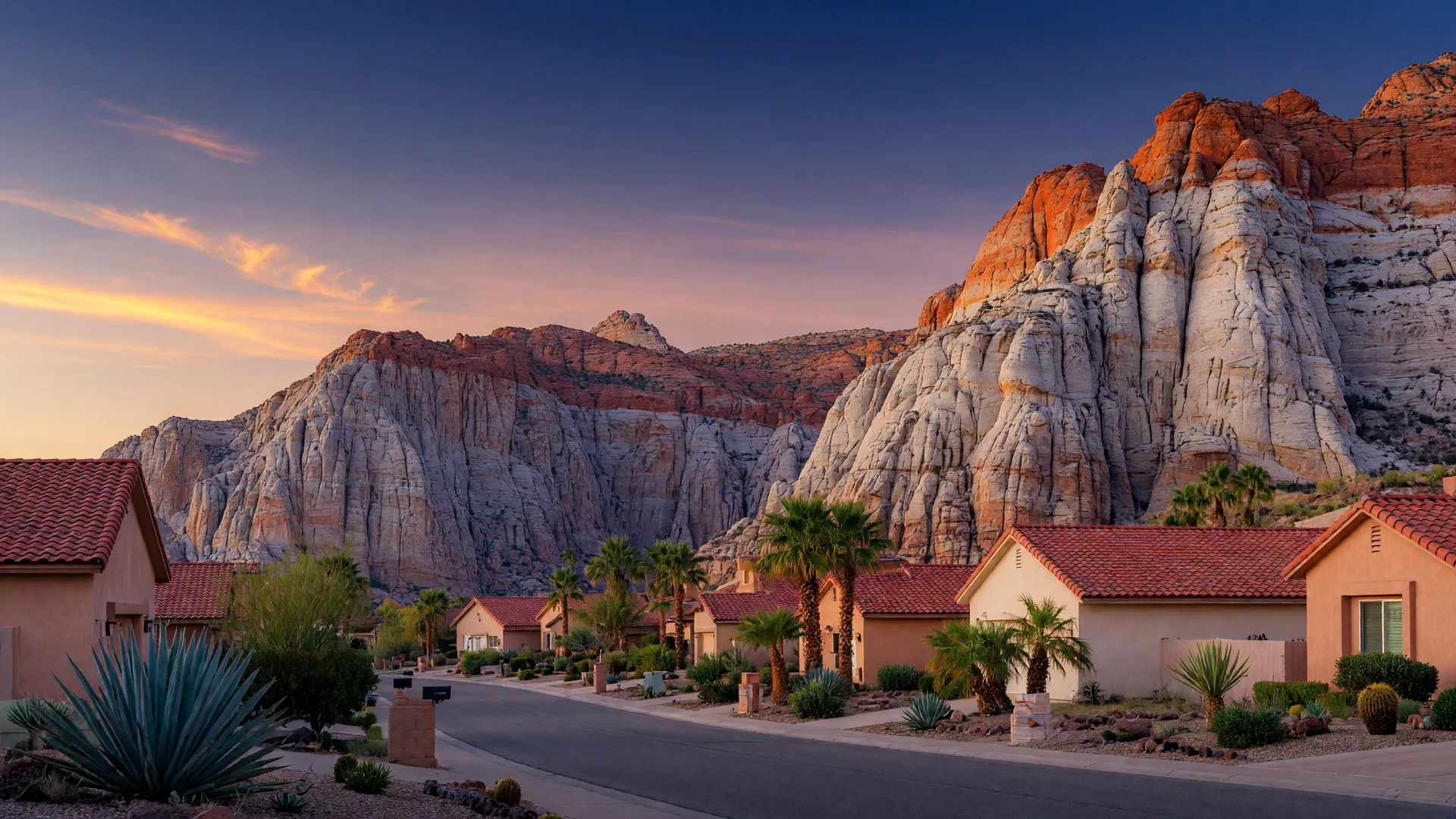 AI-rendered concept image of Ivins, Utah homes at the base of white and orange Snow Canyon sandstone cliffs at sunrise