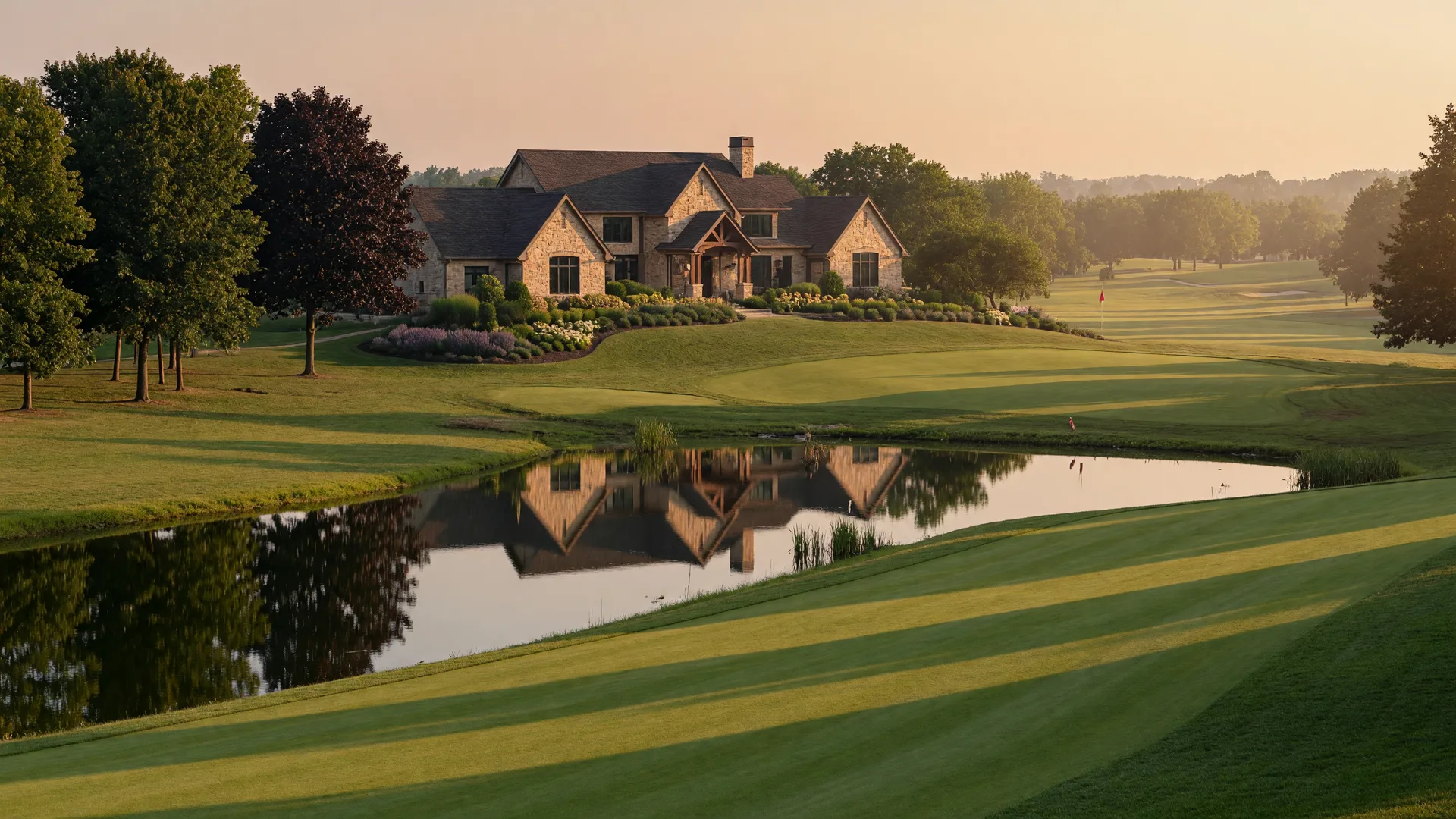 A custom executive home overlooking a championship golf course with a water feature in the Travis Pointe community near Ann Arbor