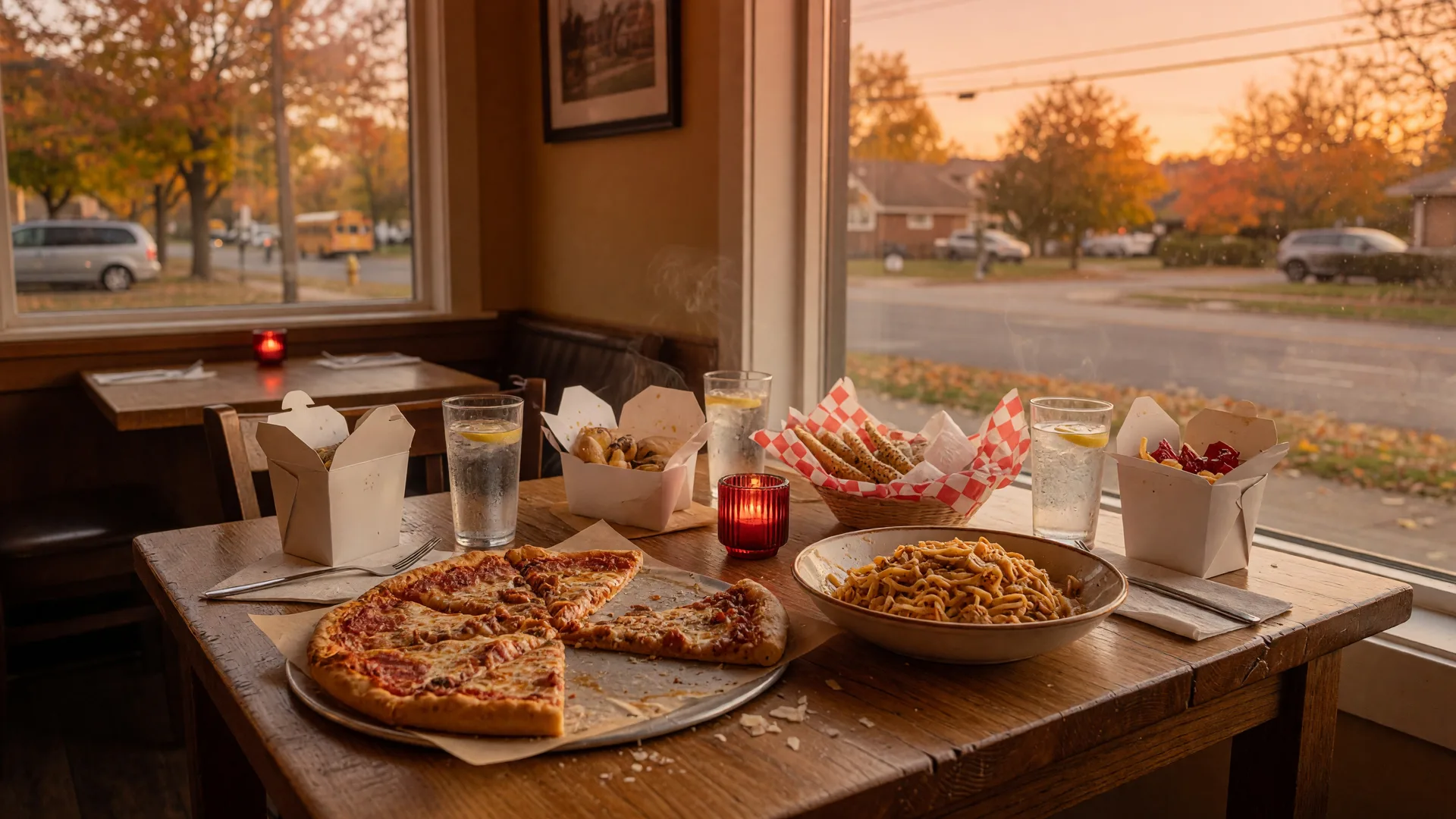 A family-friendly restaurant table set with pizza, pasta, and takeout boxes near a sunny window