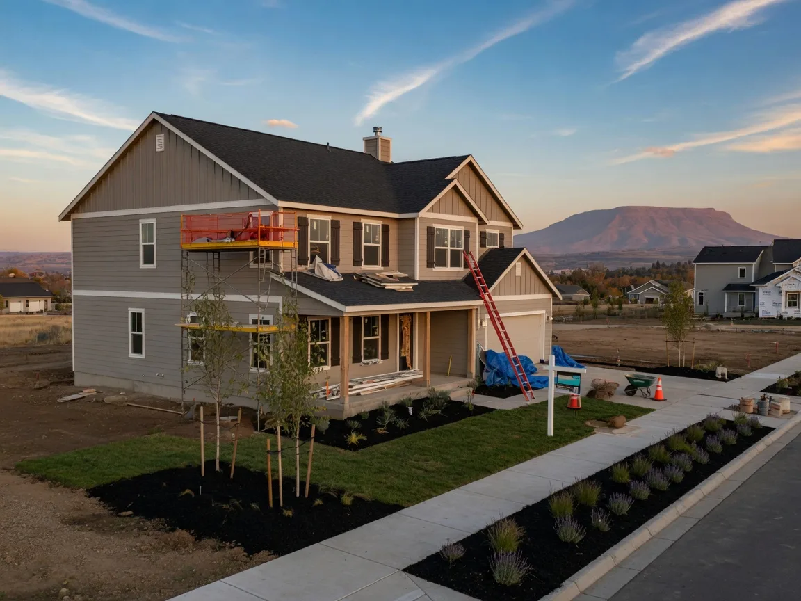 A nearly finished new two-story home in the Holt Homes Eagle Point community, with Table Rock soft in the background