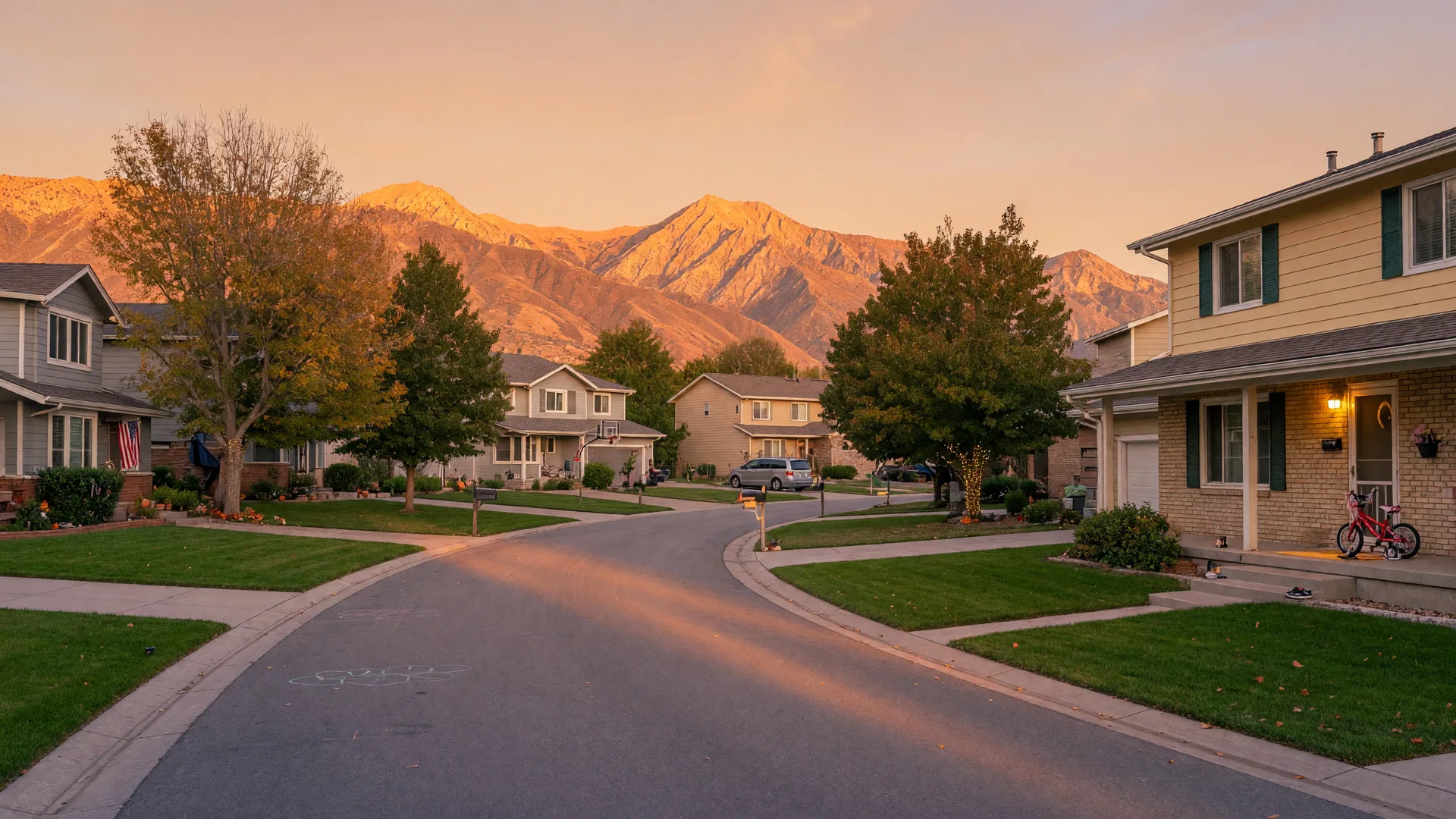 A quiet Salt Lake City suburb at golden hour, homes with tidy lawns and mature trees lining a cul-de-sac with the Wasatch Mountains glowing amber behind.