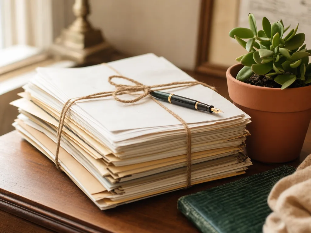 Legal documents tied with twine on a wooden desk with a fountain pen, representing organized probate information and legal guidance