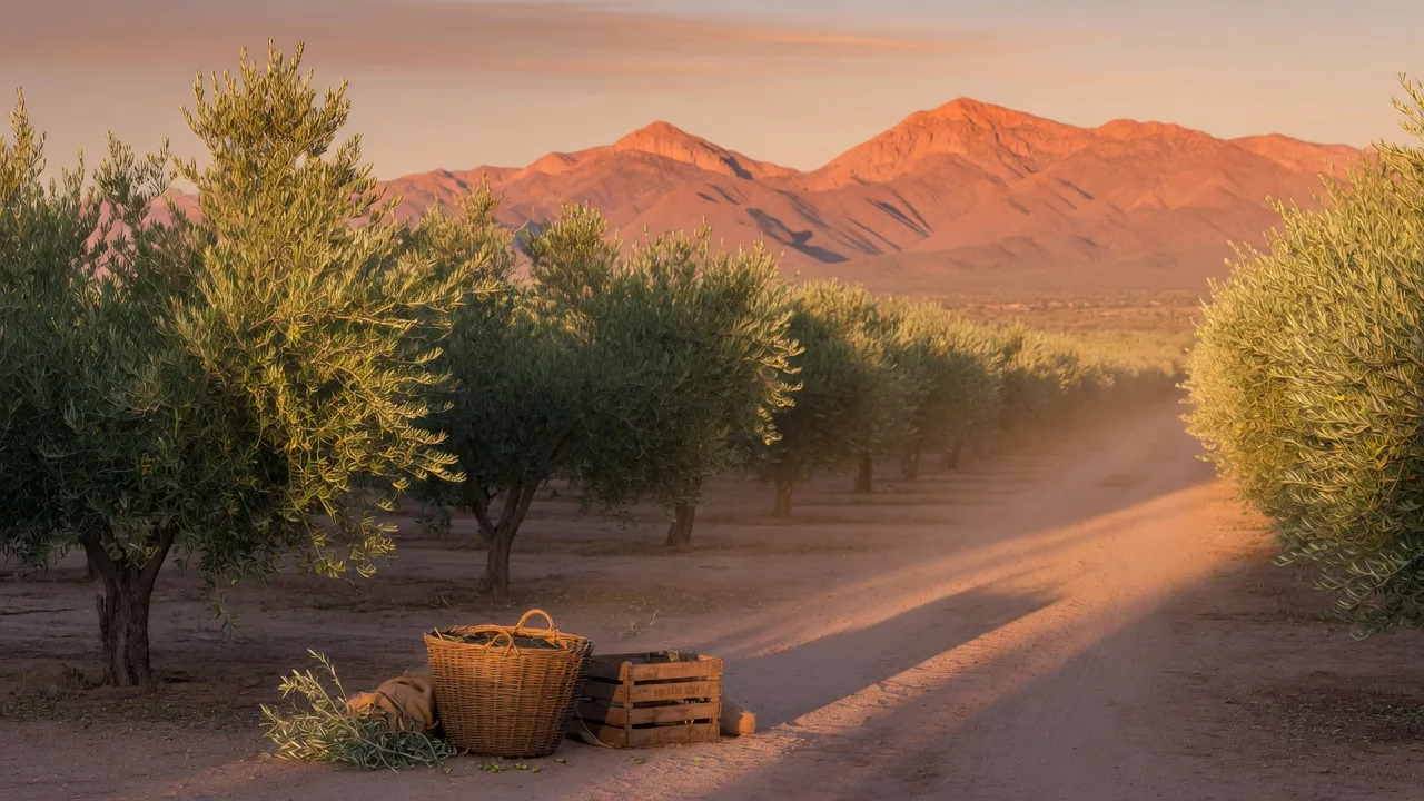 Rows of olive trees at Queen Creek Olive Mill at sunset with the San Tan Mountains glowing behind