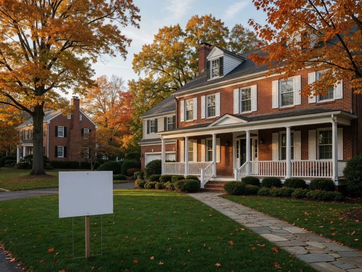 Brick colonial home with white shutters and a columned front porch on a leafy Fairfax County community street in October morning light, a real estate sign near the driveway, golden autumn trees, and a wide manicured yard