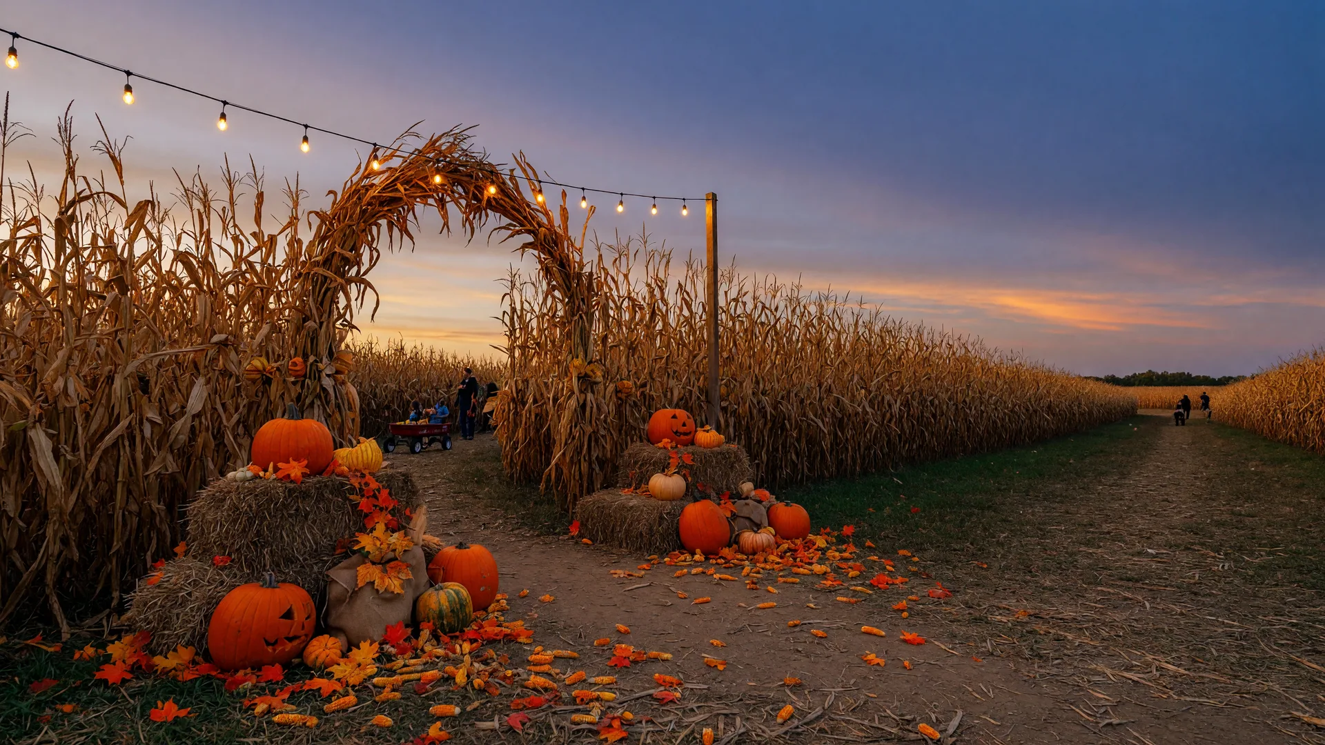 A rural Ohio corn maze entrance at dusk with hay bales, carved pumpkins, glowing string lights, and golden maple leaves