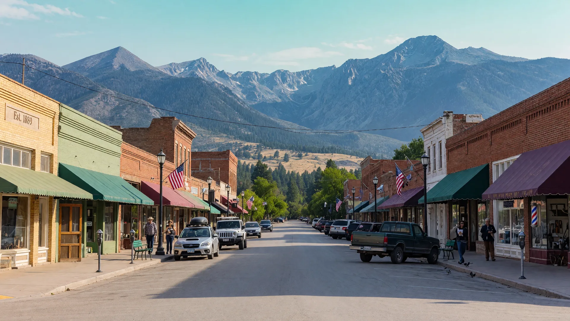 A quiet western state capital main street on a clear weekend morning with historic storefronts and the Sierra Nevada range at the end of the street.