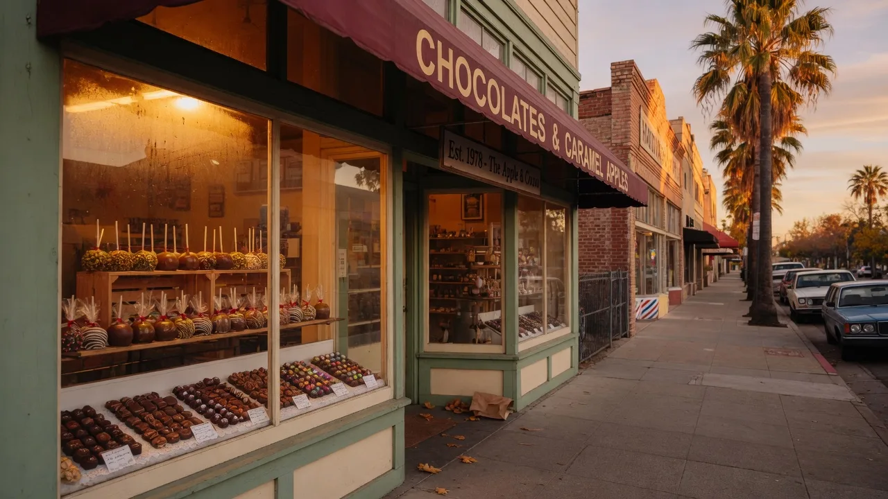 The Chocolate Dipper chocolatier shopfront at 319 West Main Street in downtown Merced, with a warm glowing window display of hand-dipped chocolate-covered caramel apples under a painted awning on a historic main street at golden hour