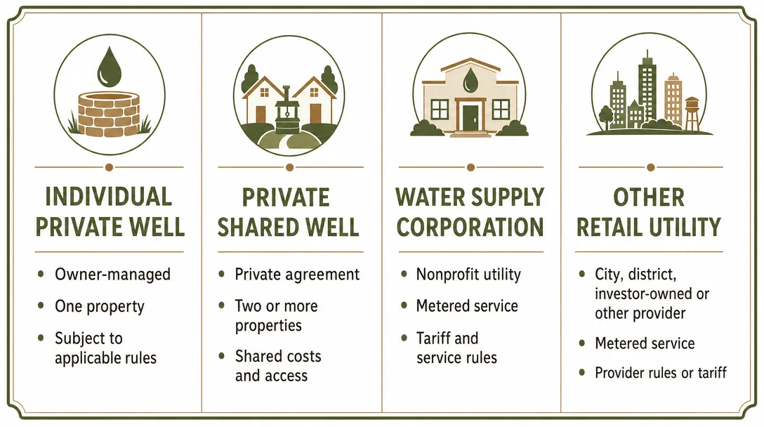 Comparison infographic chart showing four water system types in the Texas Hill Country: Individual Private Well, Private Shared Well, Water Supply Corporation, and Other Retail Utility