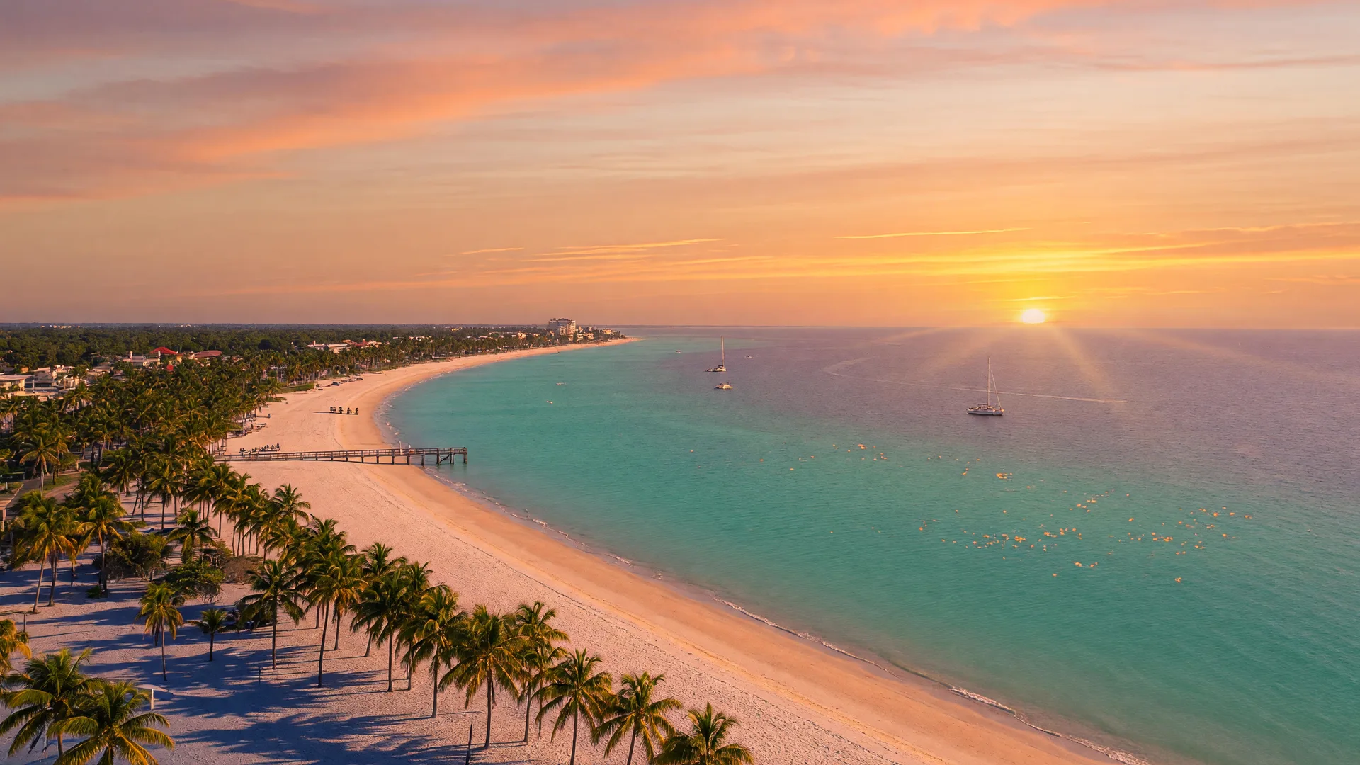 Aerial Florida Gulf Coast beach at golden hour with palm trees and turquoise water