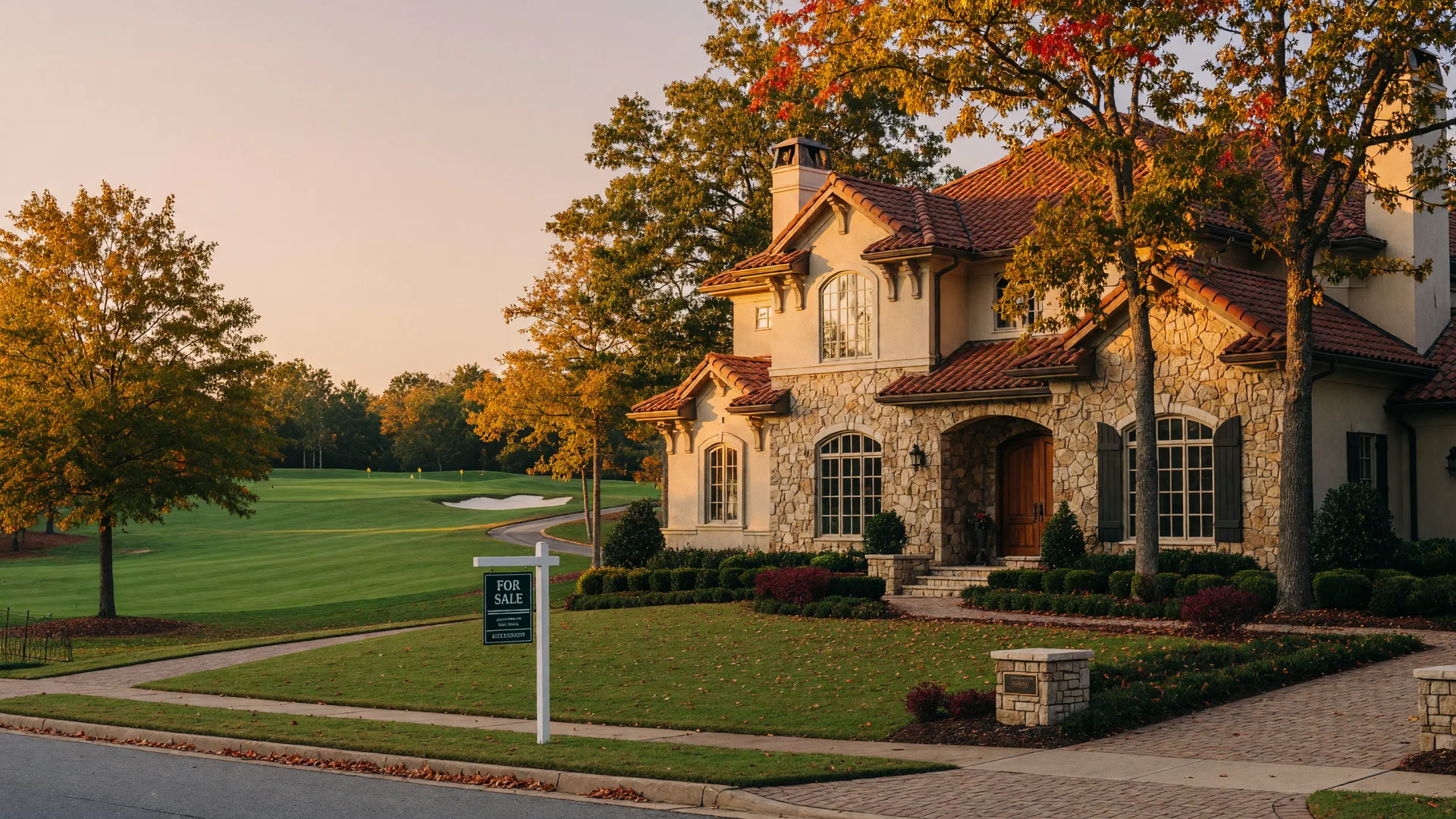 Luxury stone and stucco estate home in an upscale Georgia golf course community in early October with a For Sale sign and turning autumn leaves