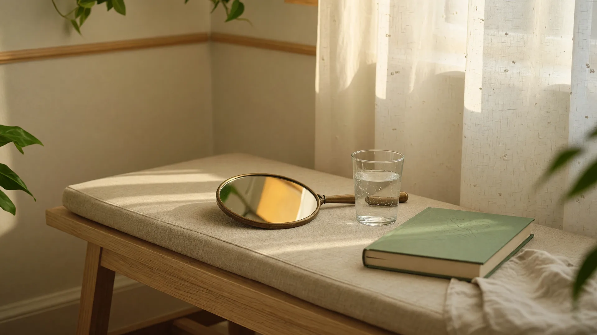 A small handheld mirror, a glass of water, and a picture book on a linen bench in a bright living room, representing daily home myofunctional practice