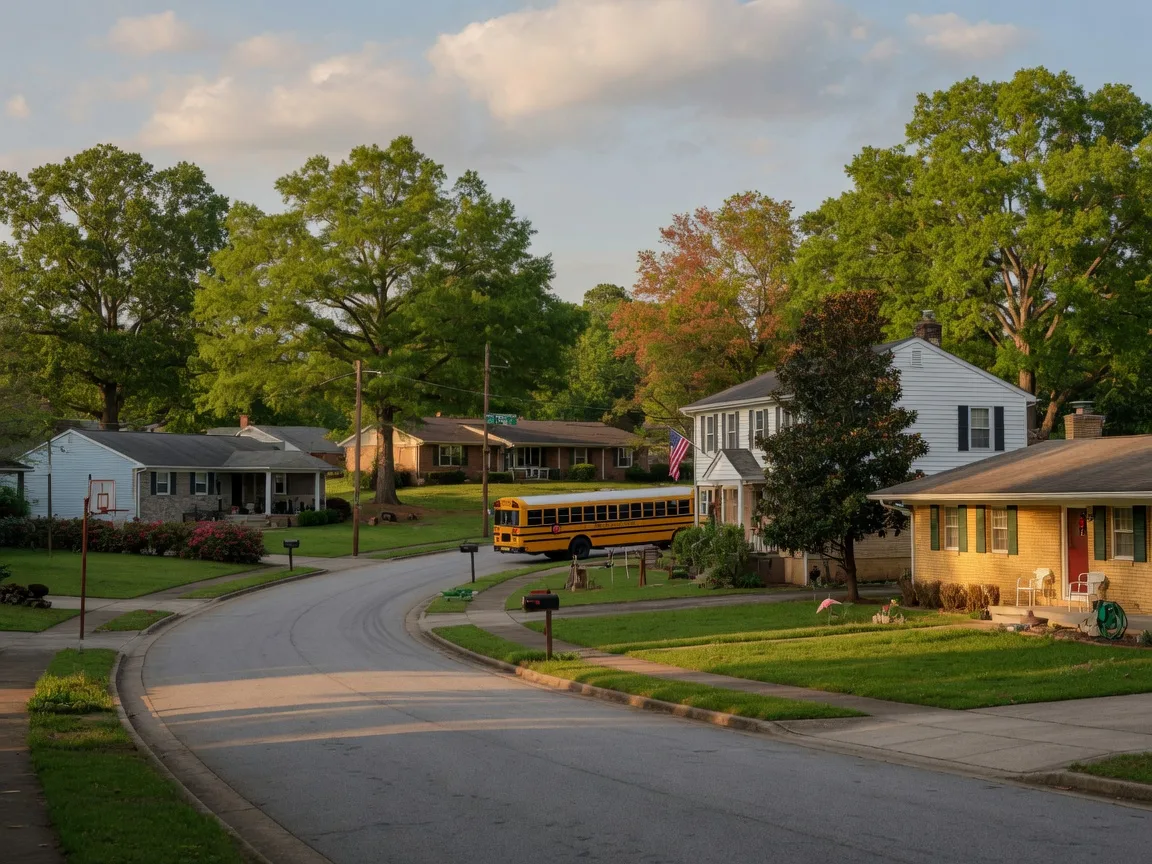 Quiet family neighborhood in Cobb County with ranch and two-story homes, green yards, shade trees, and a school bus at the curb