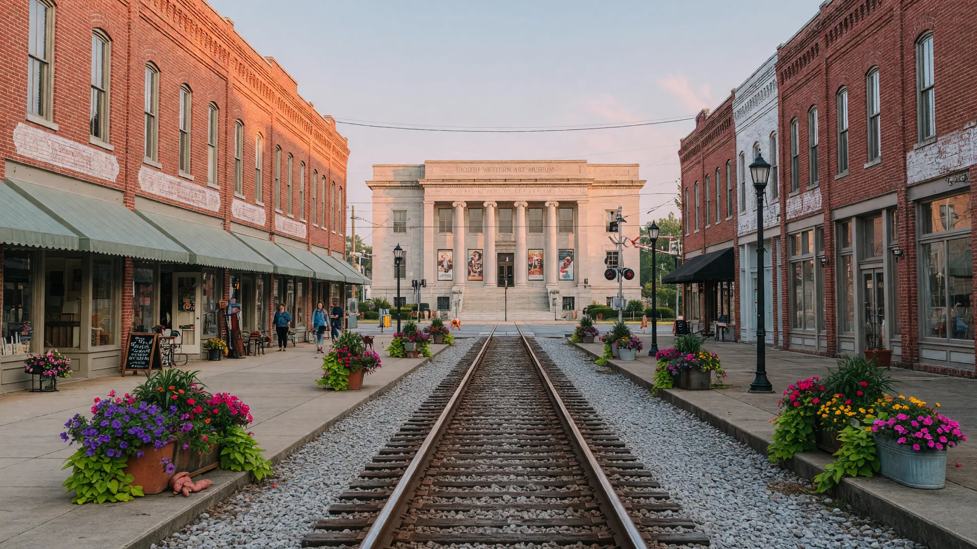 Downtown Cartersville, Georgia with historic railroad tracks, the Booth Western Art Museum, and restored brick buildings on a clear morning