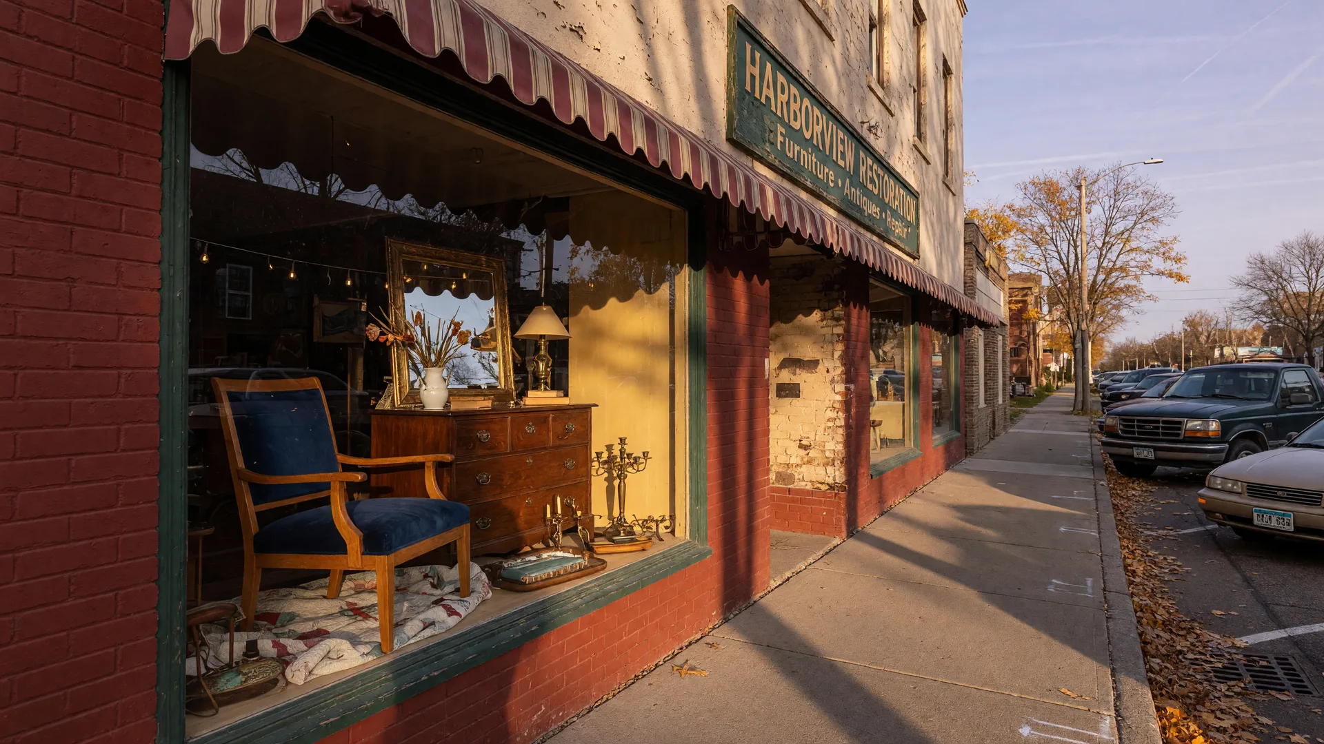 Downtown Brainerd furniture shop window with a restored armchair and vintage dresser in warm autumn light