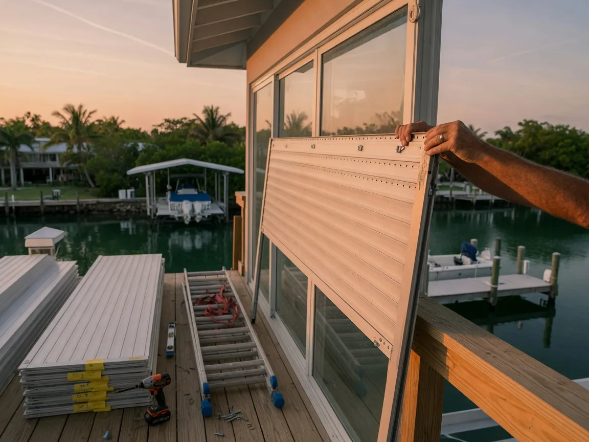 A homeowner's hands fitting an impact-rated storm shutter panel over a large sliding glass door on an elevated Florida Keys waterfront home in late-afternoon light, a deep-water canal with a dock and boat lift in the soft-focus background, a stack of shutter panels and a ladder on the deck