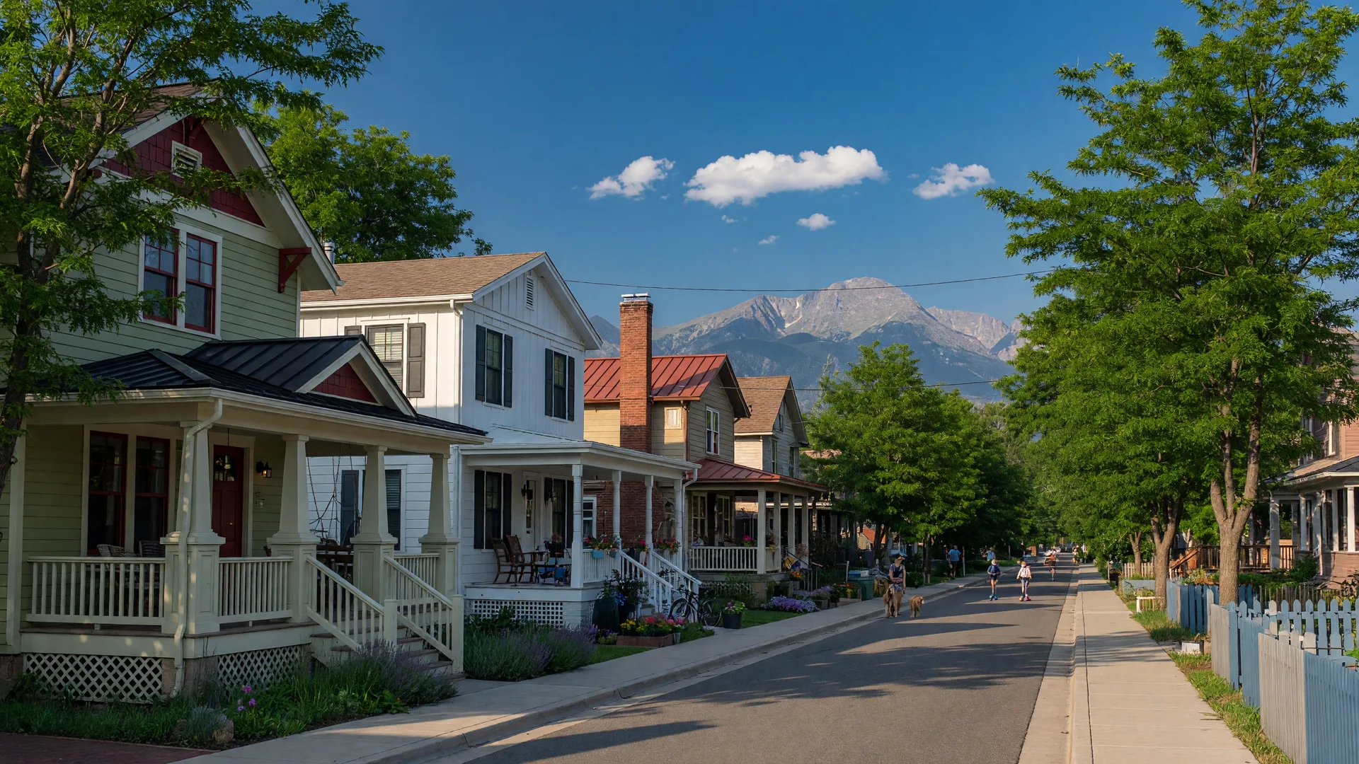 Tree-lined street in Prospect New Town, Longmont with mountain views