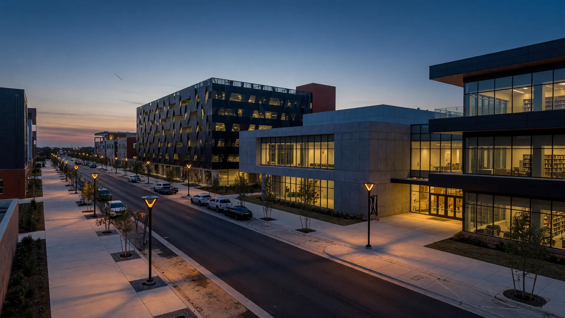 A new downtown district in a fast-growing North Texas suburb at dusk, with a modern parking garage, glowing civic buildings, and amber streetlights lining a wide avenue