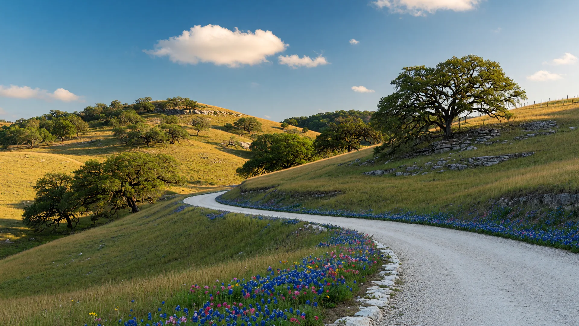 Rolling golden-green Hill Country hills dotted with live oaks near Wimberley in Hays County, Texas on a bright sunny morning