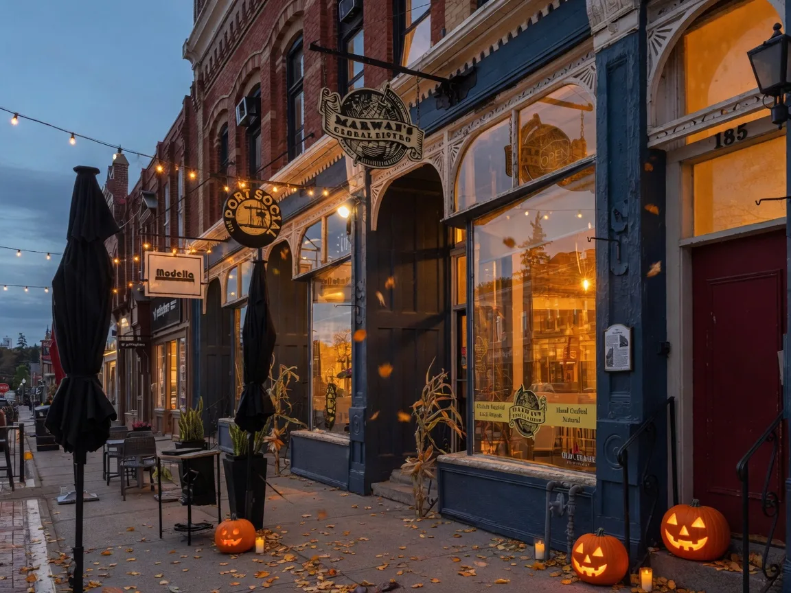 A small-town Ontario main street at dusk with warm café windows, string lights, and autumn leaves