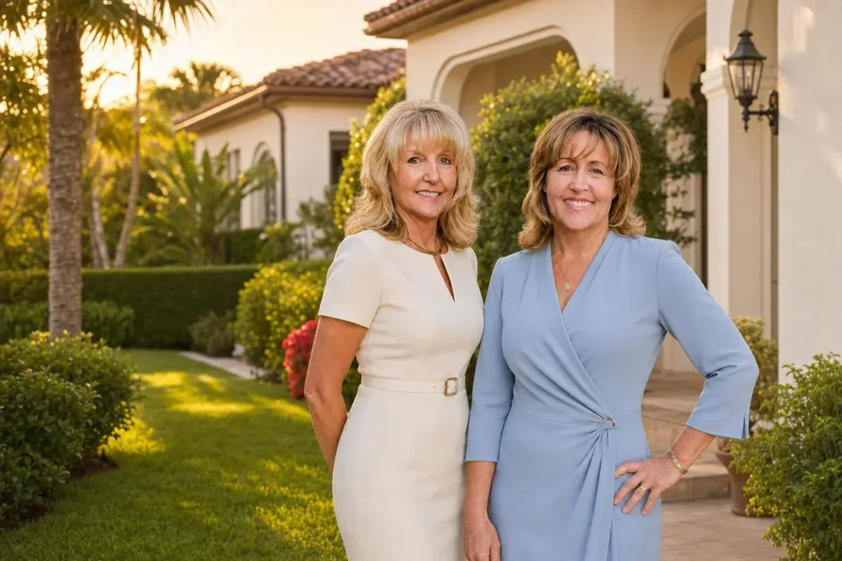 Laura Holbert and Cheryl Shadden of Team Integrity Realty — team portrait outside a luxury home at sunset