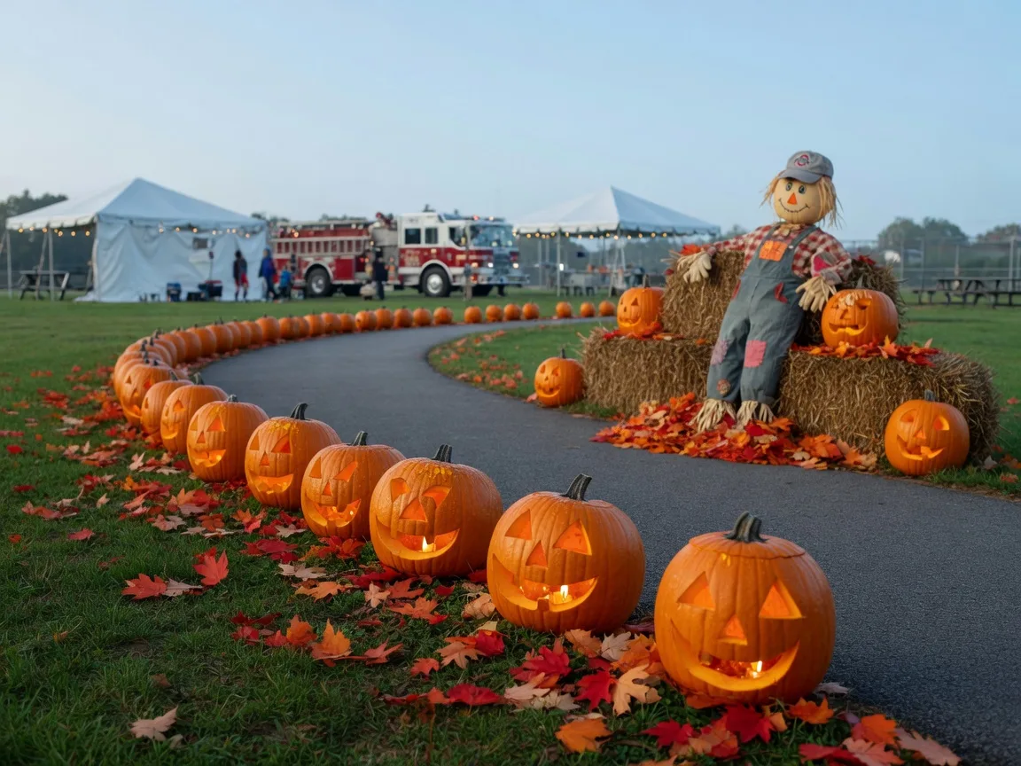 A suburban Ohio park trail lined with carved glowing jack-o'-lanterns, hay bales and scarecrows under a bright blue October morning sky, ready for a family Halloween event
