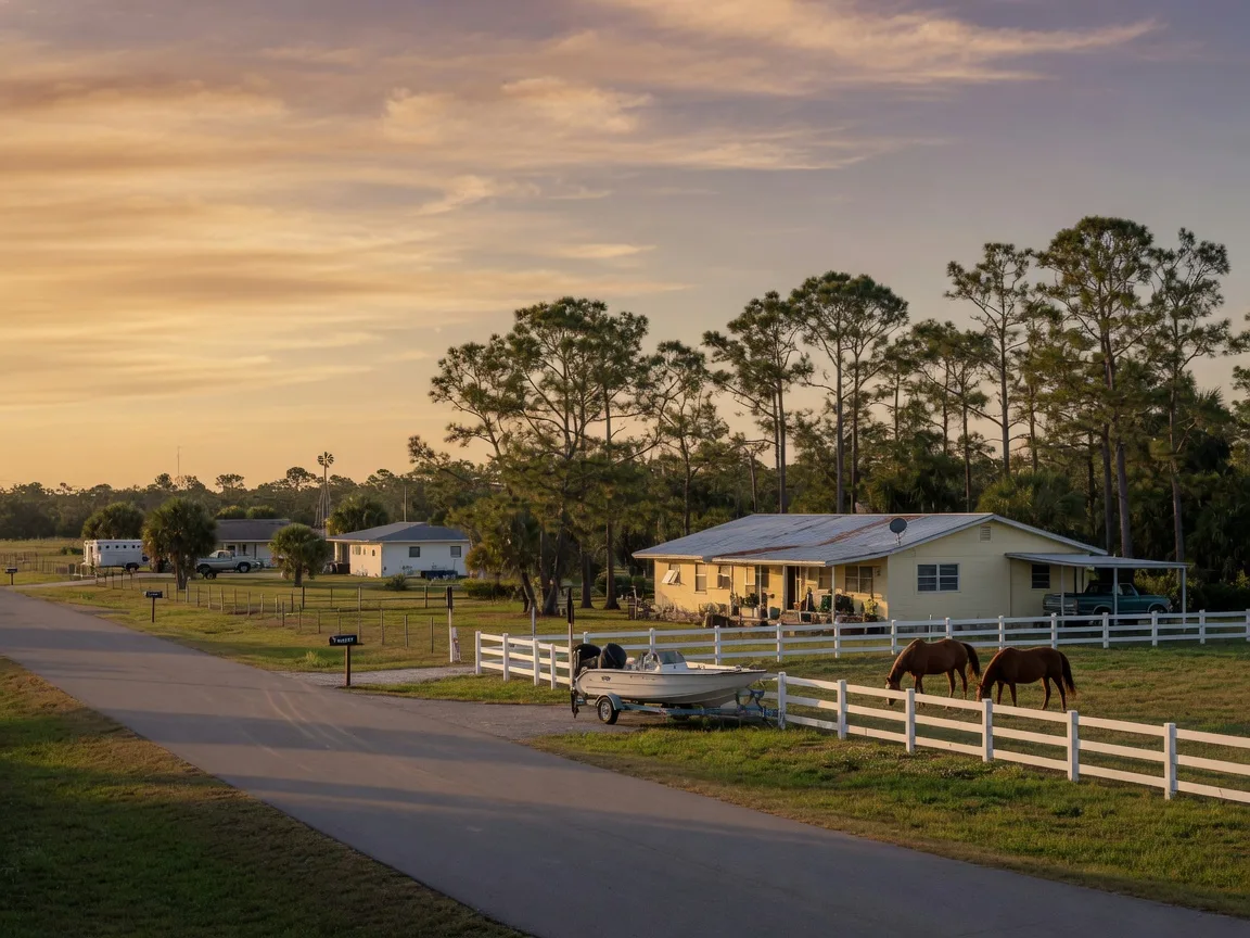 A one-acre property in The Acreage with horses, a boat, and a ranch home under tall pines at late afternoon with a big sky