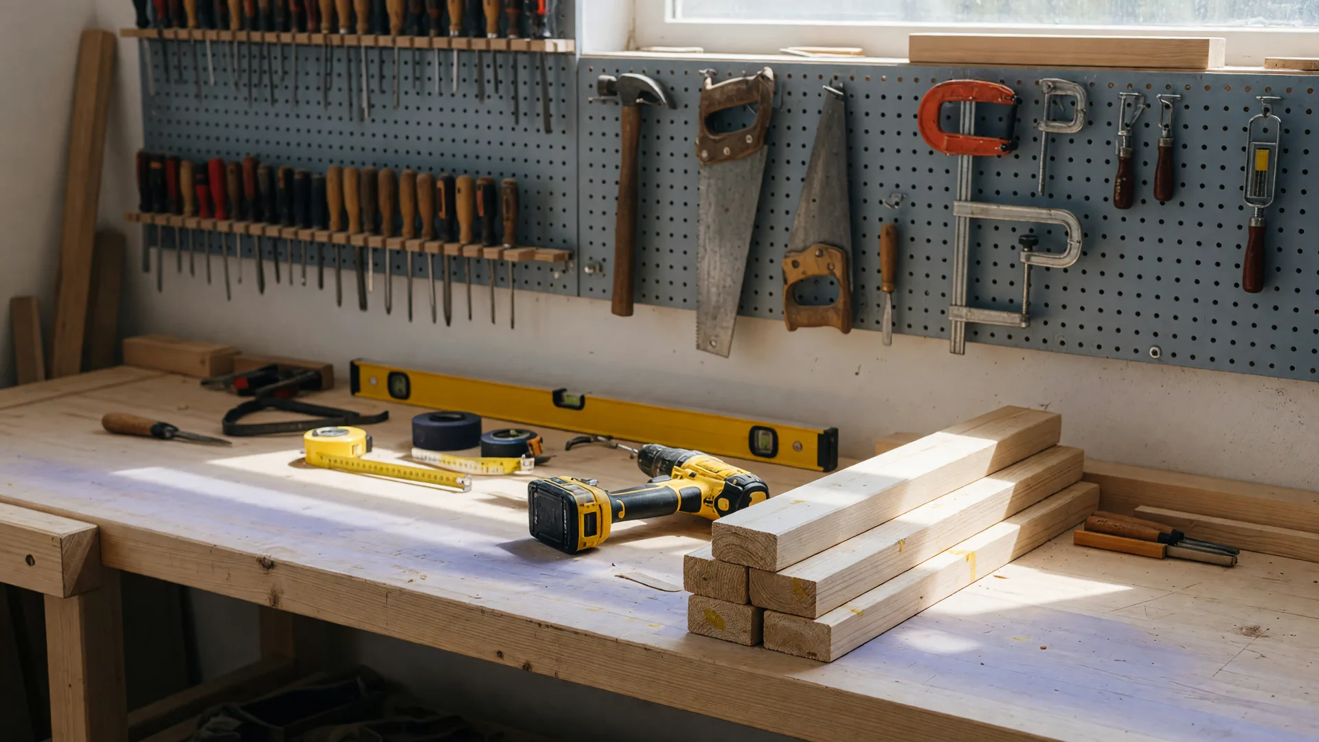 An organized craftsman's workbench with hand tools in a bright workshop