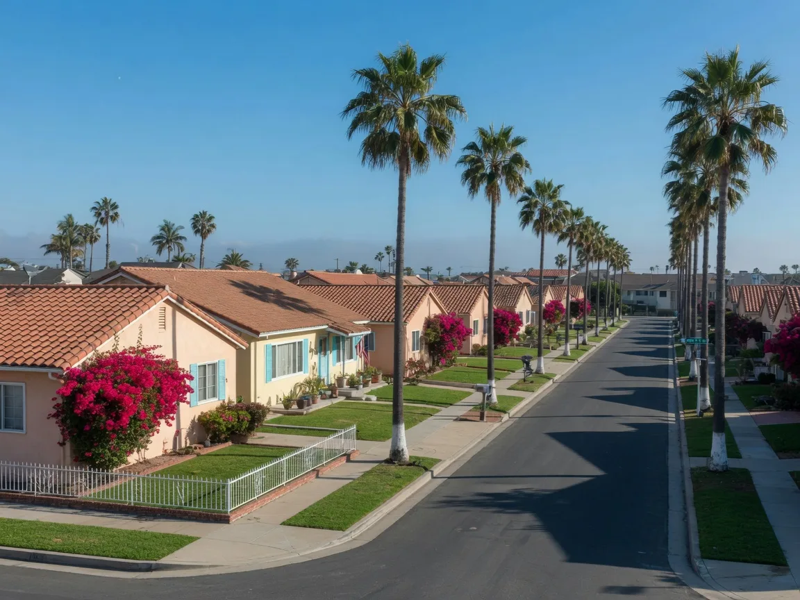 Quiet single-story stucco and ranch-style homes with red tile roofs on a central residential street in Imperial Beach near Palm Avenue