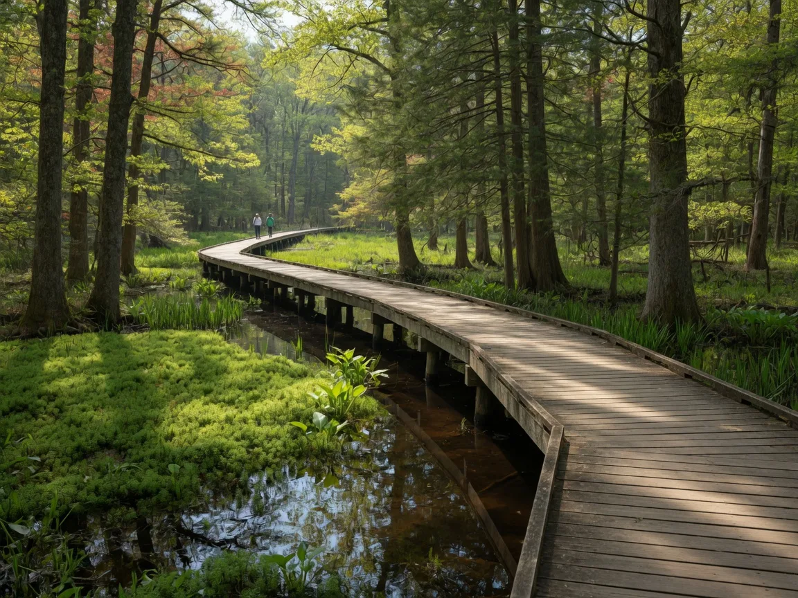 An elevated wooden boardwalk trail through the forested swamp at Estell Manor Park