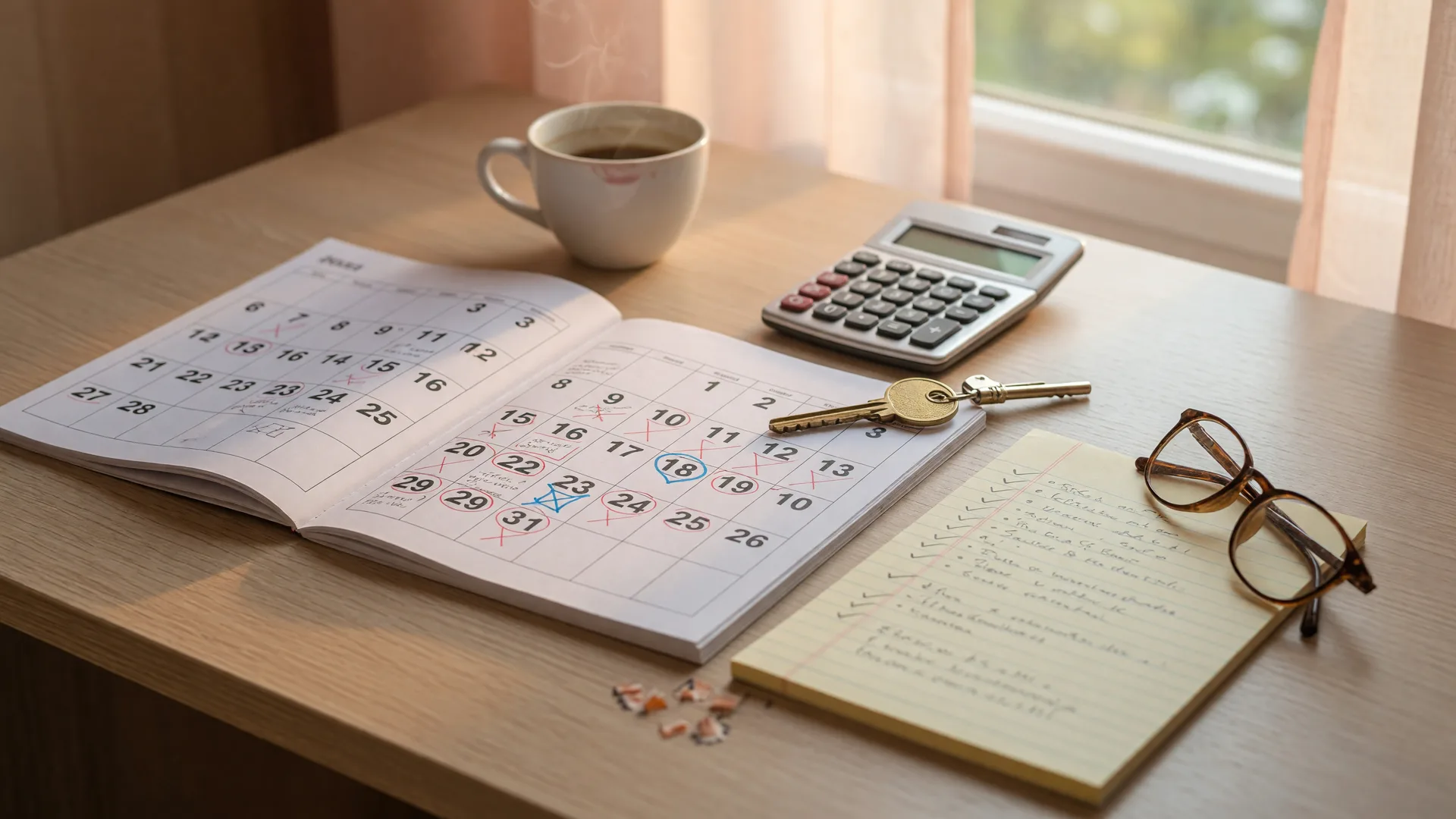 A homebuyer planning desk with a wall calendar, a brass house key, and a checklist