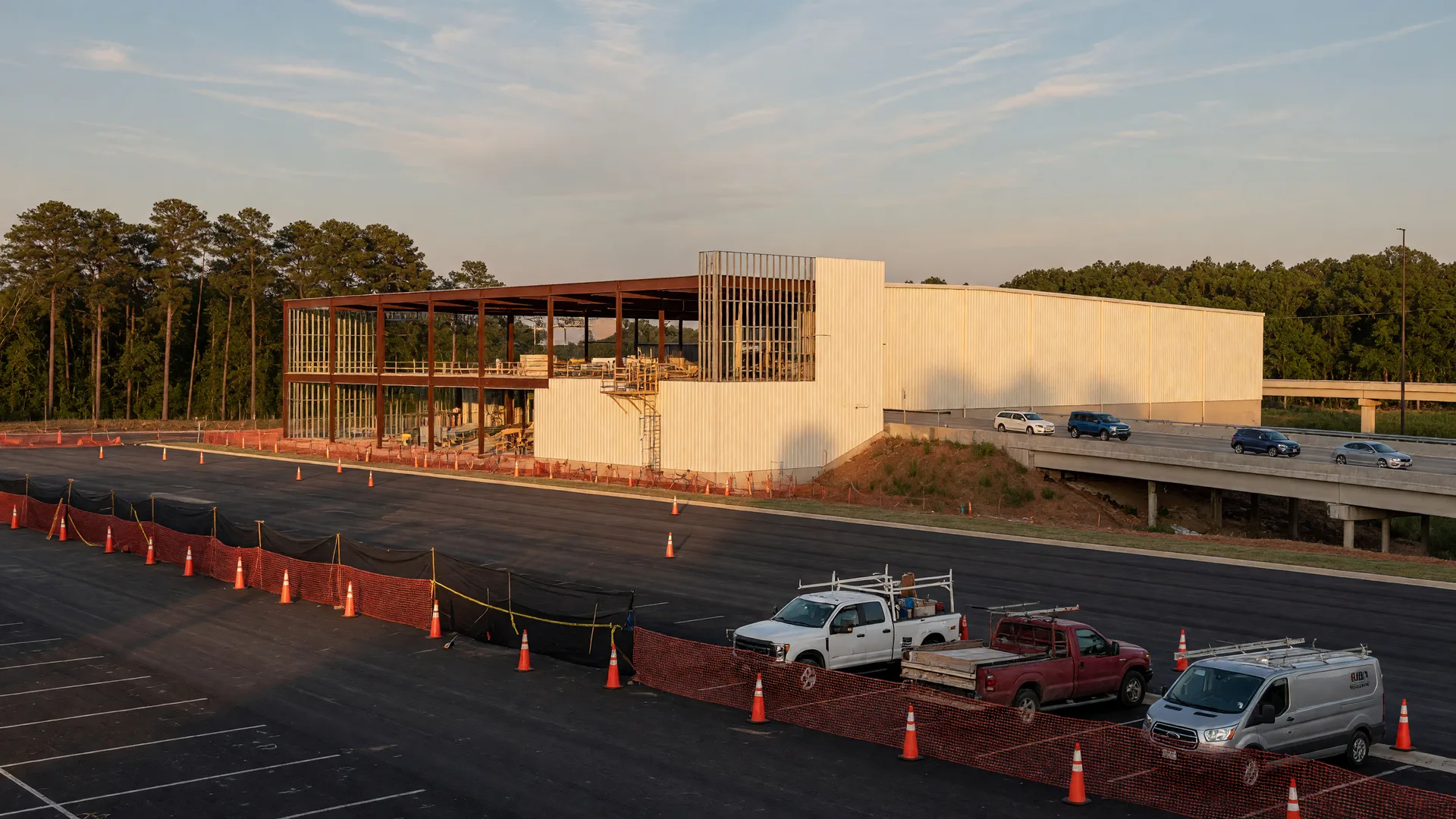A large-format retail warehouse store under construction along a four-lane suburban highway in northeast Georgia at golden hour