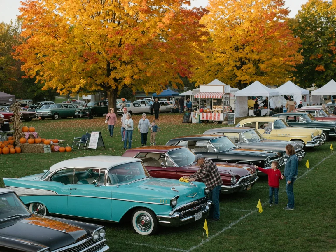 A classic car show on a small-town Pennsylvania park in early October, vintage cars lined up on grass under gold maple trees with vendor tents nearby