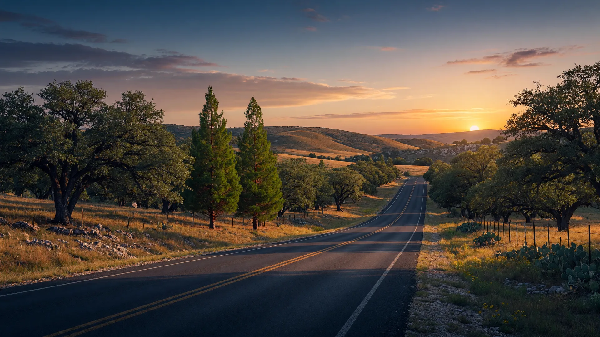 A Texas Hill Country highway at golden hour