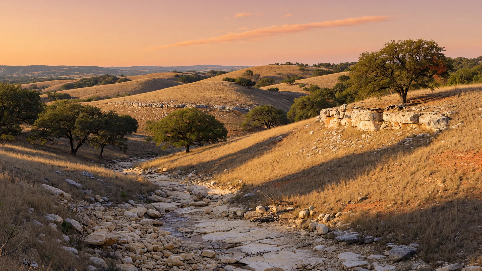 Texas Hill Country landscape at golden hour showing rolling golden grass, live oaks, limestone outcrops, and a dry creek bed, illustrating the semi-arid environment that makes rainwater harvesting valuable.