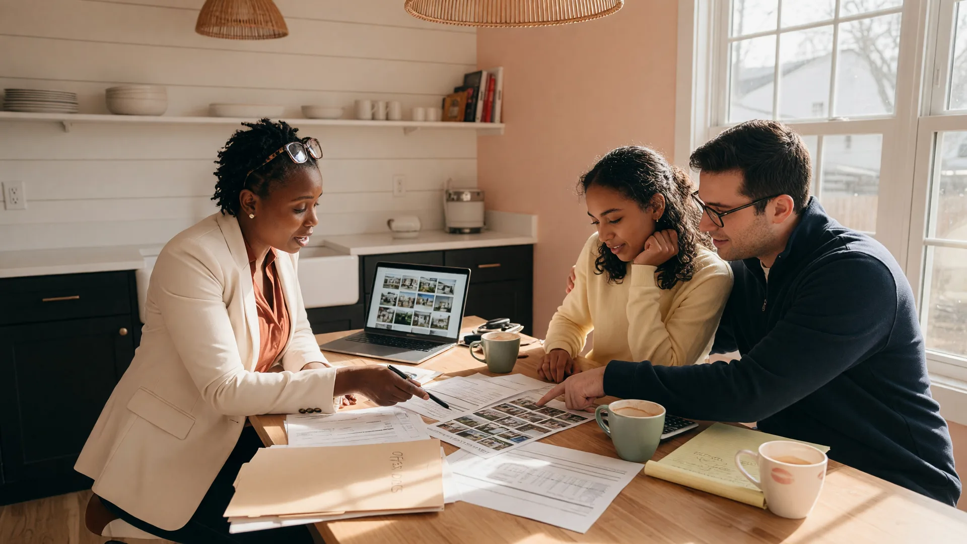 Real estate agent meeting with a young couple at a kitchen table reviewing documents