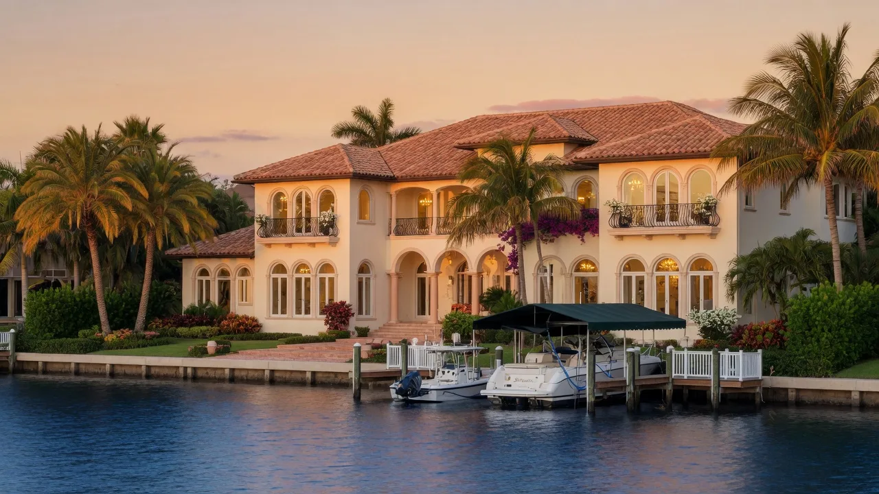 Mediterranean waterfront estate in Boca Raton at golden hour