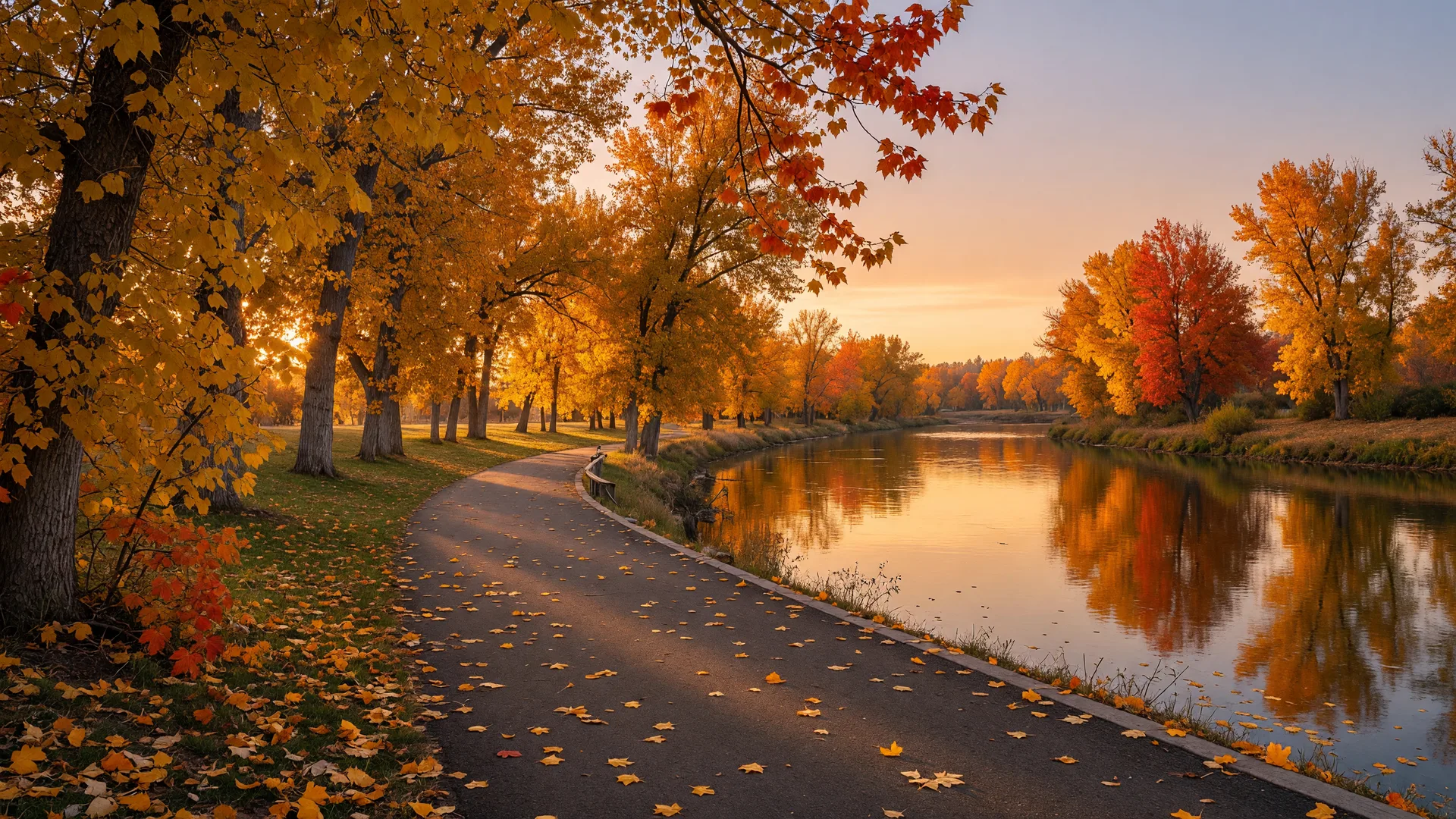Autumn trees along a paved riverside path at golden hour.