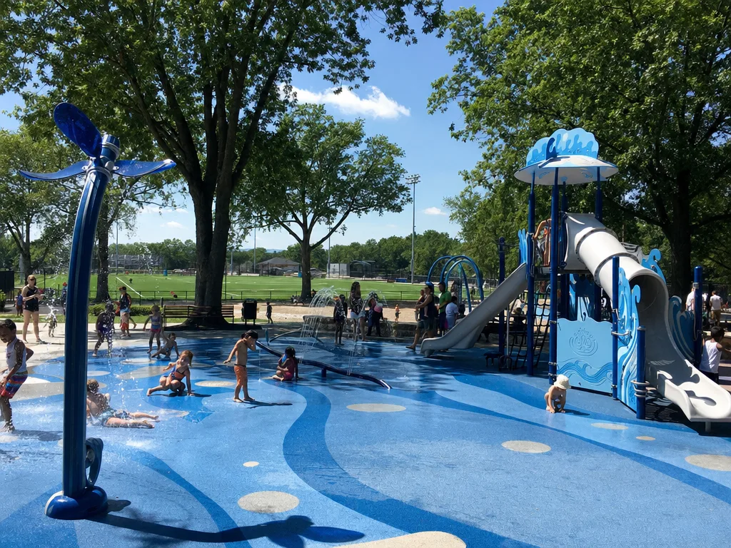 Watsessing Park in Bloomfield NJ with newly renovated aquatic-themed playground, spray park, families enjoying the water features, and mature trees on a bright summer afternoon